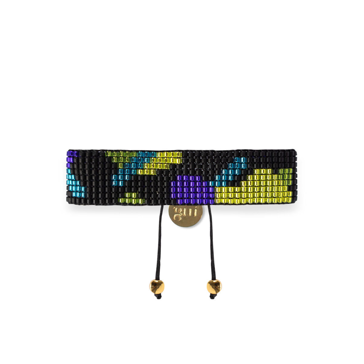 Multicolored beaded bracelet on a white background.